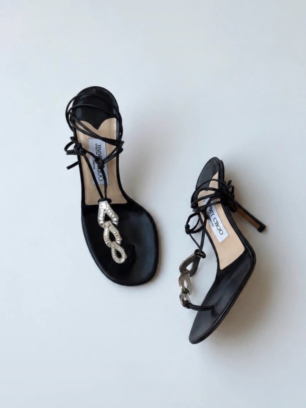 Jimmy Choo Black Leather Crystal-Link Strappy Heels